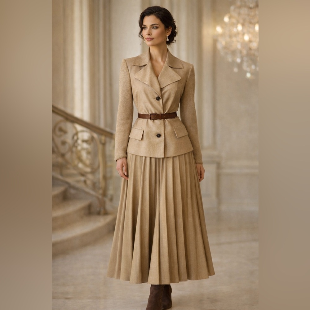 Anne Klein Elegant Tan Wool Cashmere Belted Blazer Knitted Sleeves Sz Med